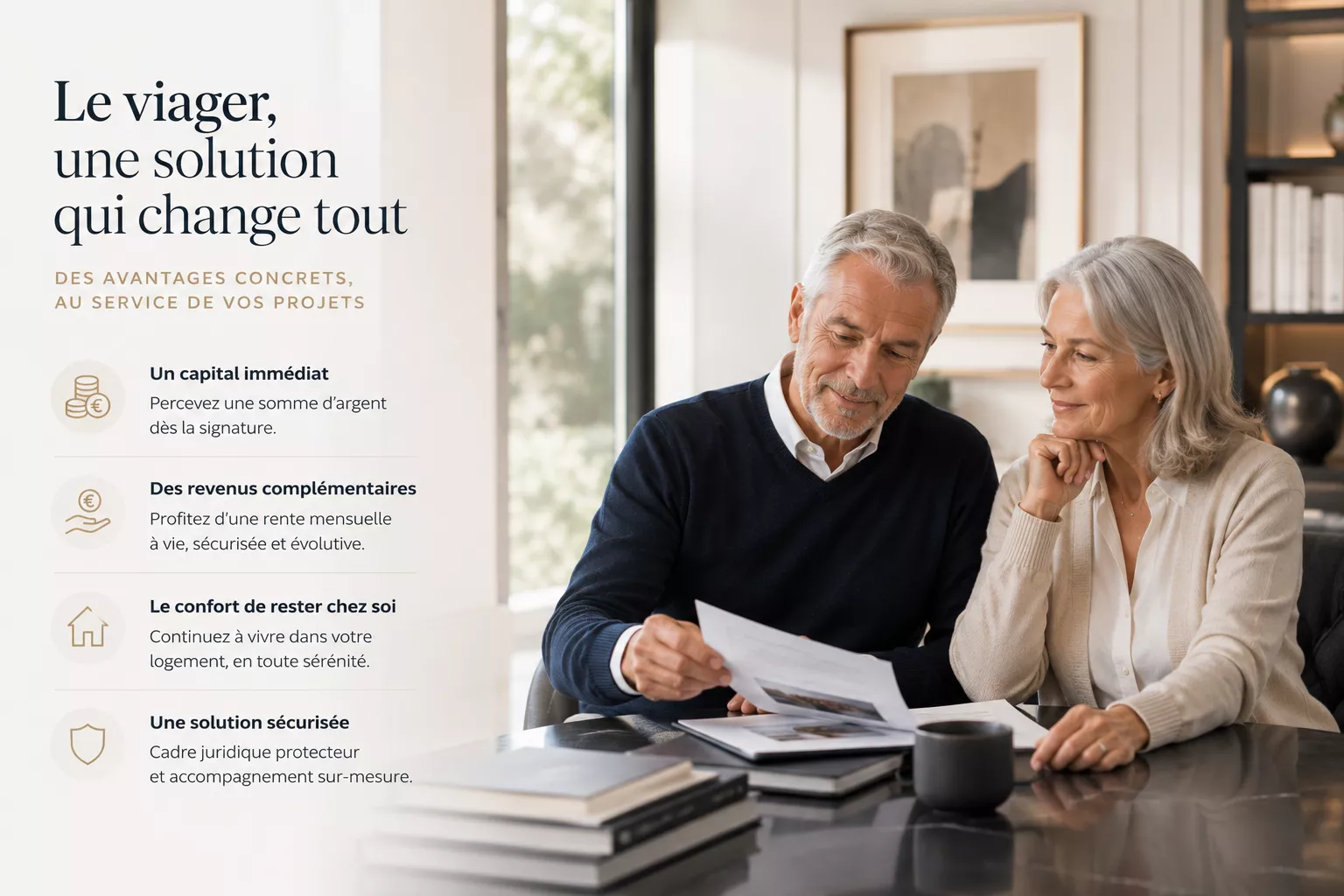 Couple de seniors propriétaires envisageant une vente en viager ou en nue-propriété avec Junot