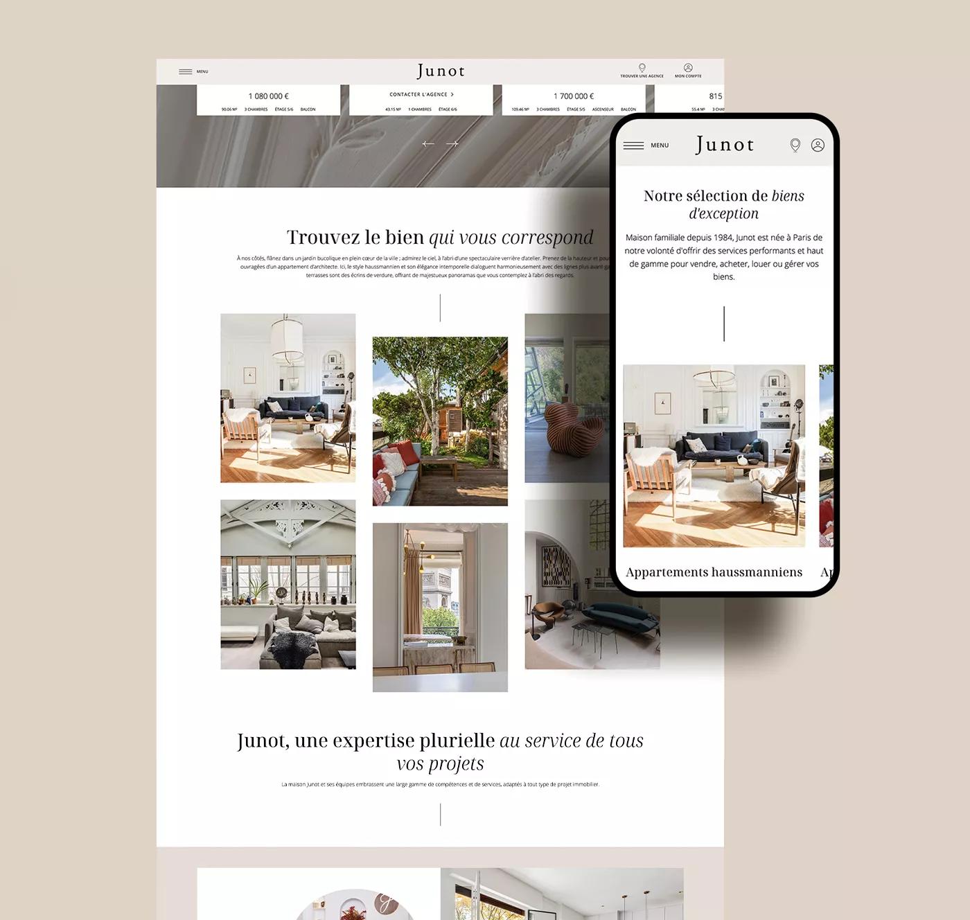 Mobile and desktop model of the new Junot website