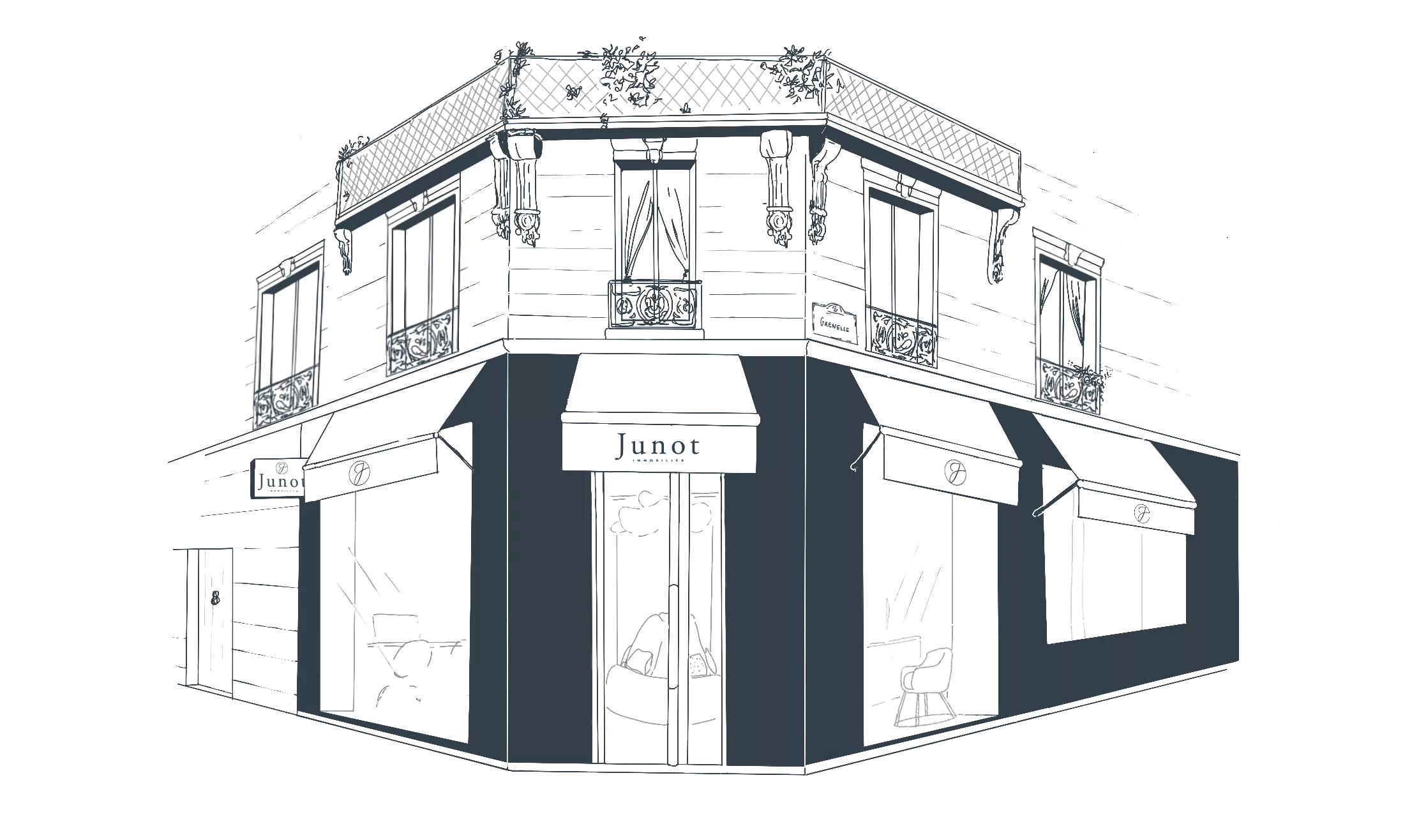 Illustration of the exterior of the luxury real estate agency Junot Grenelle in the 7th arrondissement of Paris