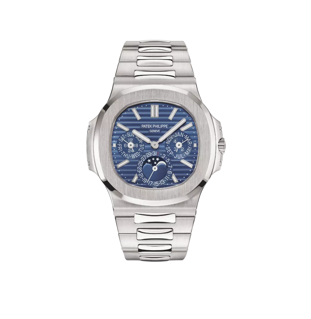 montre de luxe Patek Philippe fond bleu cadre et bracelet argent